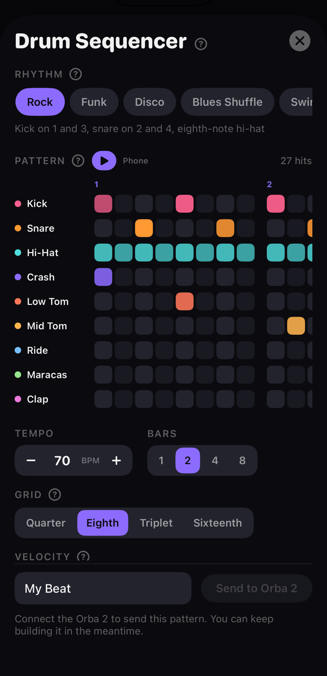 The Beats step sequencer in Timbre Dock, showing a drum pattern on a step grid