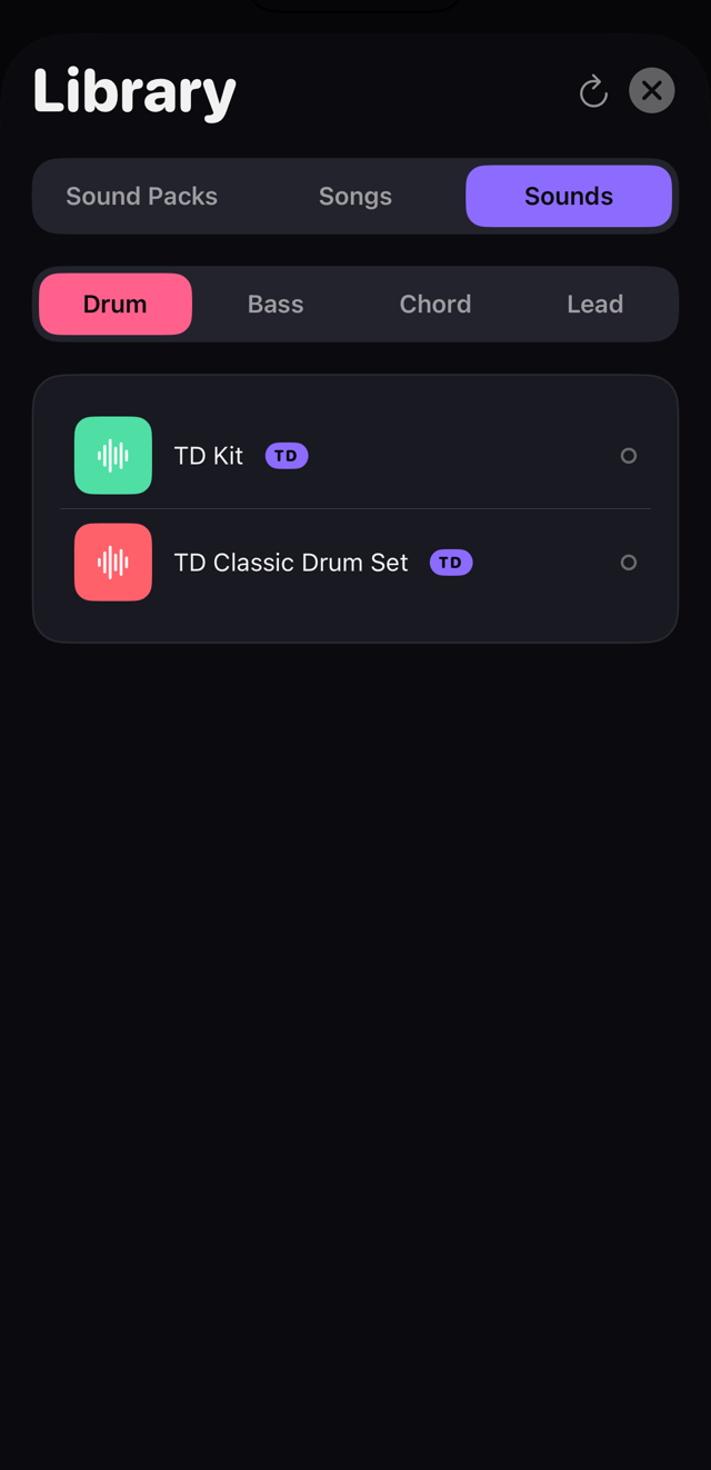 The Sounds tab of the Library showing built-in Timbre Dock kits marked with a TD badge
