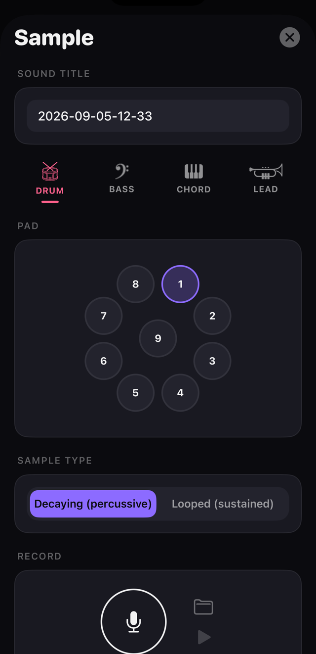 Timbre Dock sample screen — pad selector, sample type and record controls