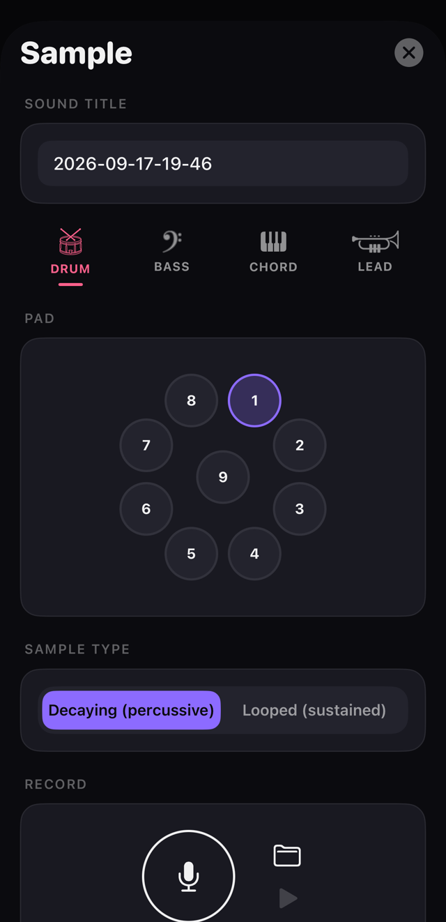 The Sample screen with the nine pad slots, sample type selector and the record and file-import controls